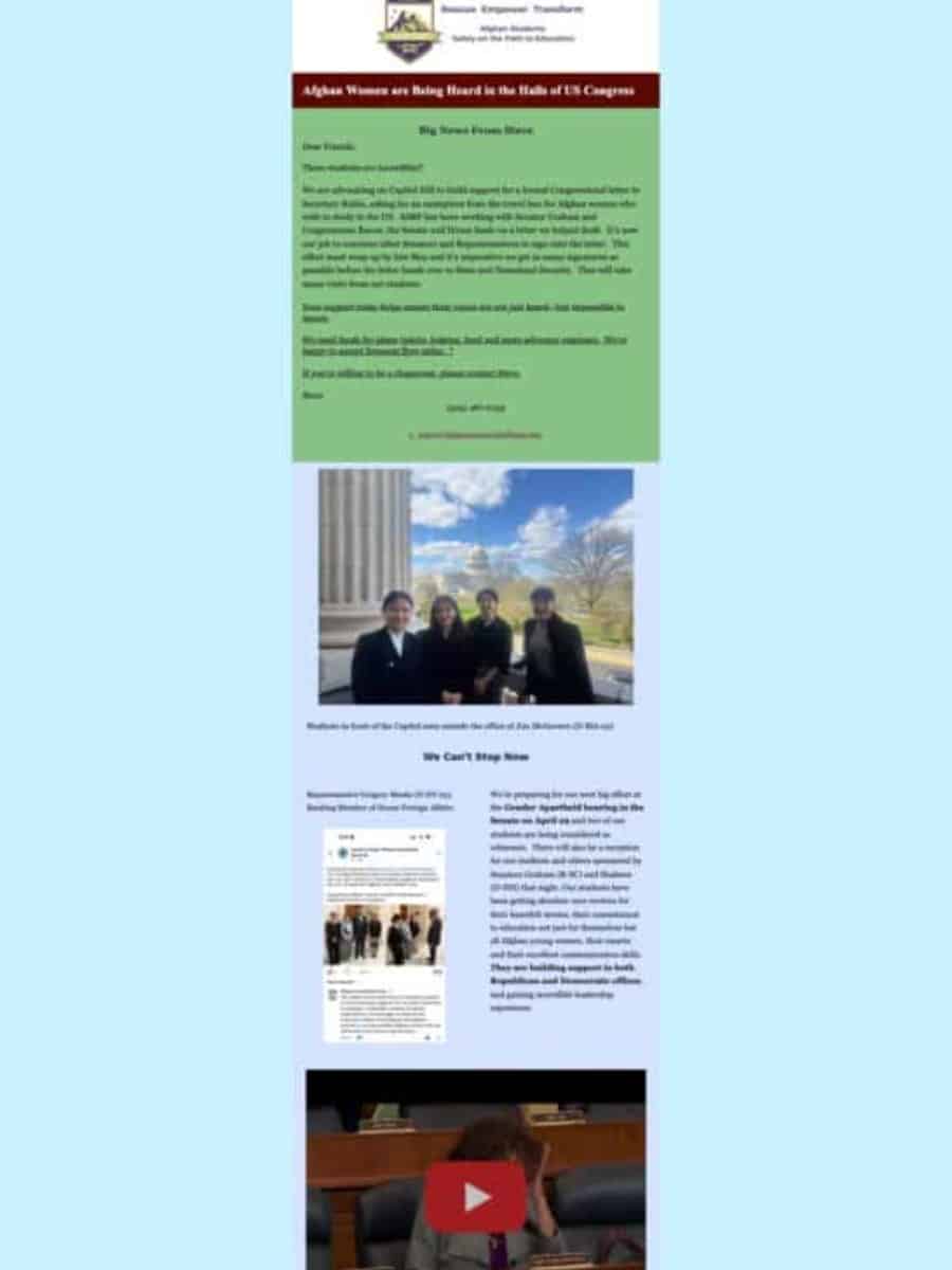Cover of the ASRF newsletter: Support Afghan Women to Continue Studying Safely in the U.S.